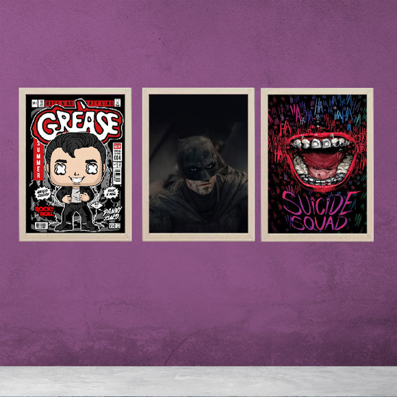 3 piece boys gaming room wall frame set featuring Grease, Batman, and Suicide Squad designs with glass fronts and MDF backs.