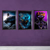Three framed boys gaming room wall art featuring a hero, electric panther, and crowned warrior designs