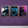 Set of three boys gaming-themed wall frames featuring a superhero, electric tiger, and futuristic king designs.