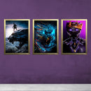 Set of three boys gaming-themed wall frames featuring a superhero, electric tiger, and futuristic king designs.