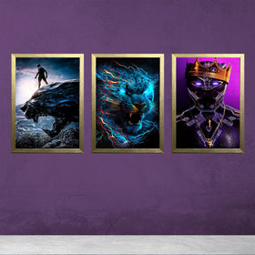 Set of three boys gaming-themed wall frames featuring a superhero, electric tiger, and futuristic king designs.