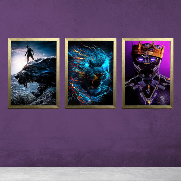 Set of three boys gaming-themed wall frames featuring a superhero, electric tiger, and futuristic king designs.