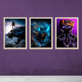 3 piece boys gaming room frame set featuring black panther, electric blue leopard, and superhero with crown designs