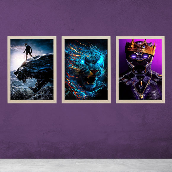 3 piece boys gaming room frame set featuring black panther, electric blue leopard, and superhero with crown designs