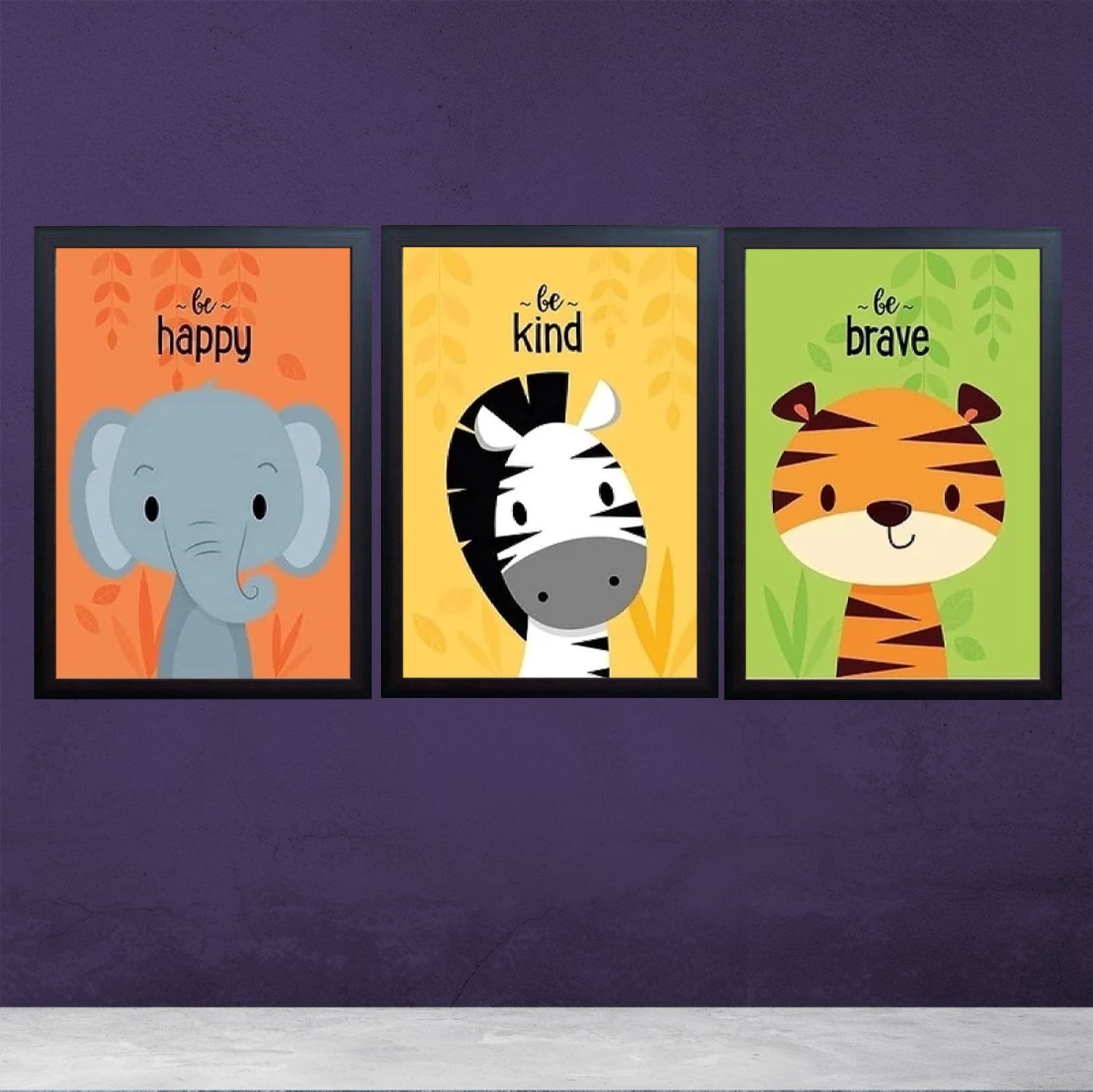 Buy black Set of 3 Elephant Zebra Frames Cartoon Animals Nursery Art Kids Wall Painting Pictures Kids Room Decoration