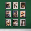 Pack of nine 10x12 inch glass front frames displaying family photos with 7x9 inch print areas on green wall.