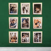 Nine 10x12 inch glass front frames with custom pictures arranged in a 3x3 grid on a green wall.
