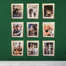 Nine 10x12 inch glass front frames with custom pictures arranged in a 3x3 grid on a green wall.
