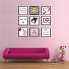 Black 9-square collage photo frames arranged as custom wall decor with makeup-themed prints on pink wall above pink sofa. - 9-Square Vanity Photo Frame Set – Makeup & Gallery Wall Decor - 6x6 inch / Black - Frame World
