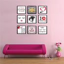 Black 9-square collage photo frames arranged as custom wall decor with makeup-themed prints on pink wall above pink sofa. - 9-Square Vanity Photo Frame Set – Makeup & Gallery Wall Decor - 6x6 inch / Black - Frame World