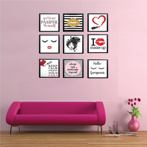 Black 9-square collage photo frames arranged as custom wall decor with makeup-themed prints on pink wall above pink sofa. - 9-Square Vanity Photo Frame Set – Makeup & Gallery Wall Decor - 6x6 inch / Black - Frame World