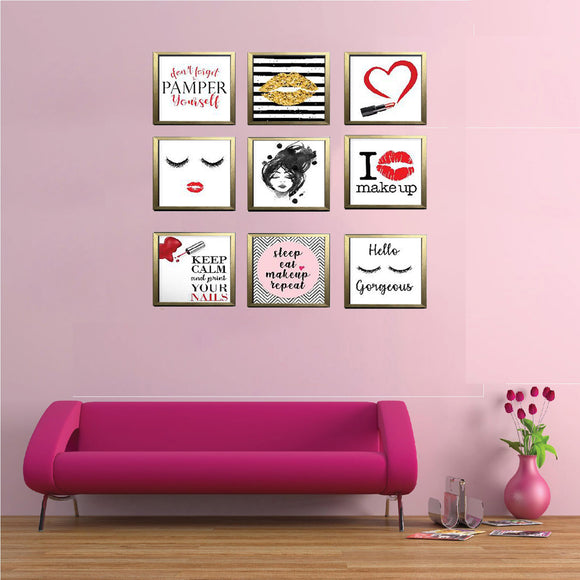 Nine-piece black and gold custom collage frames with makeup and inspirational quotes above pink sofa. - 9-Square Vanity Photo Frame Set – Makeup & Gallery Wall Decor - 6x6 inch / Black - Frame World