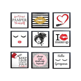 Black 9-square collage photo frames with custom makeup and beauty-themed prints for gallery wall decor. - 9-Square Vanity Photo Frame Set – Makeup & Gallery Wall Decor - 6x6 inch / Black - Frame World
