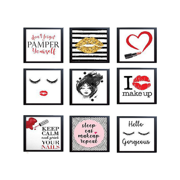 Black 9-square collage photo frames with custom makeup and beauty-themed prints for gallery wall decor. - 9-Square Vanity Photo Frame Set – Makeup & Gallery Wall Decor - 6x6 inch / Black - Frame World