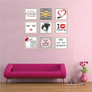 Black 9-square collage photo frame set with custom makeup-themed wall decor on pink wall above magenta sofa. - 9-Square Vanity Photo Frame Set – Makeup & Gallery Wall Decor - 6x6 inch / Black - Frame World