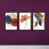 Set of 3 abstract photo frames with black borders featuring brown, blue, and beige watercolor designs on purple wall background.