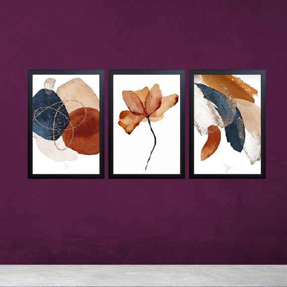 Set of 3 abstract photo frames with black borders featuring brown, blue, and beige watercolor designs on purple wall background.