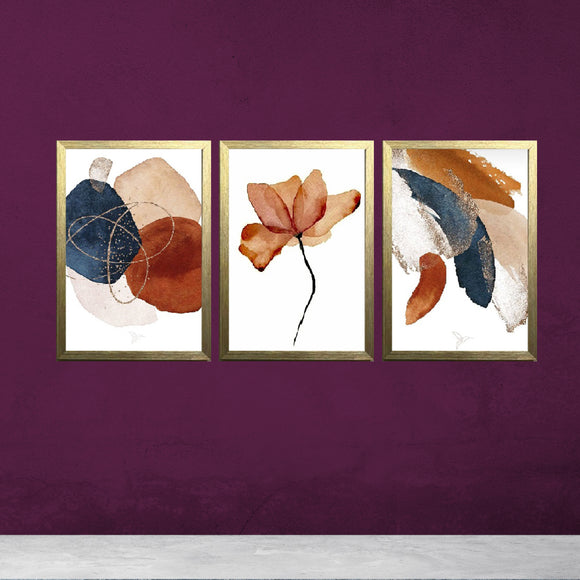 Set of 3 abstract photo frames with golden borders featuring modern watercolor designs on a purple wall background