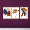 Set of 3 abstract photo frames with golden, white, and black synthetic wood frames on purple wall background.