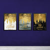 Set of 3 Islamic calligraphy modern paintings with gold accents, perfect Muslim wall art for living room or home decoration.