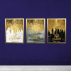 Set of three modern Islamic calligraphy paintings with gold accents on blue, white, and black backgrounds for wall decor.