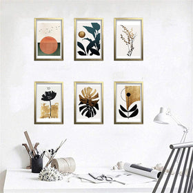 Six minimalist modern abstract frames in golden finish arranged as a custom collage on a white wall. - 6 PCS Minimalist Modern Abstract Frames - 8x12" / Brown - Frame World