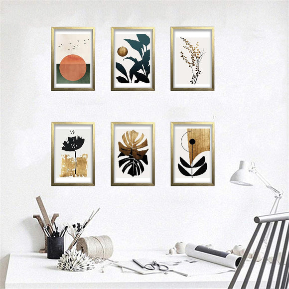 Six minimalist modern abstract frames in golden finish arranged as a custom collage on a white wall. - 6 PCS Minimalist Modern Abstract Frames - 8x12" / Brown - Frame World