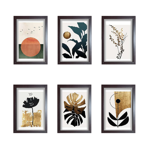 Six minimalist modern abstract prints in brown frames arranged as a custom collage. - 6 PCS Minimalist Modern Abstract Frames - 8x12" / Brown - Frame World