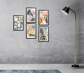 Set of five black-framed colorful abstract art pieces arranged as a custom collage on gray wall. - Set of 5 Colorful Abstract Wall Hanging Frames - 8x10" / Black - Frame World