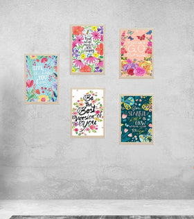 Set of 5 colorful inspirational quote frames arranged in a custom collage on gray wall. - Set of 5 Inspirational Colorful Motivational Quote Frames - 8x10" / Black - Frame World