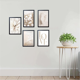 Set of 5 black frames arranged as a custom collage with neutral abstract floral and feather art on a white wall. - Set of 5 Abstract Wall Hanging Frames - 8x10" / Black - Frame World