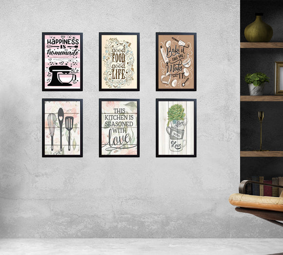 Black framed kitchen quotes collage with custom typography and utensil illustrations on a gray wall. - 6 PCS Kitchen Quotes Photo Wall Decoration Frames - 4x6" / Black - Frame World