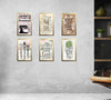 Six 4x6" golden frames with custom kitchen quotes and decorative collage on gray wall. - 6 PCS Kitchen Quotes Photo Wall Decoration Frames - 4x6" / Black - Frame World