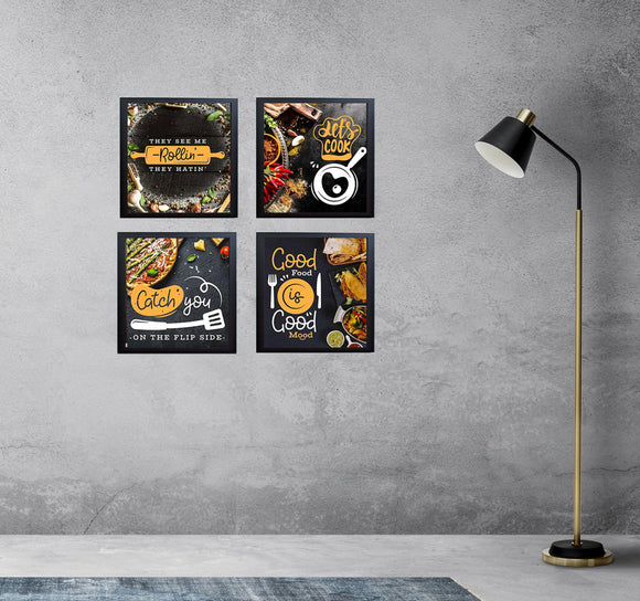 Set of 4 black kitchen wall frames arranged in a custom collage with culinary-themed prints. - Pack of 4 Kitchen Wall Frames, Dining Room Frame - 6x6" / Black - Frame World