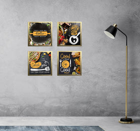 Set of four 6x6" golden kitchen wall frames with custom culinary collage designs. - Pack of 4 Kitchen Wall Frames, Dining Room Frame - 6x6" / Black - Frame World