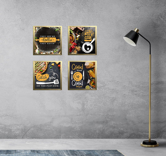 Set of four 6x6" golden kitchen wall frames with custom culinary collage designs. - Pack of 4 Kitchen Wall Frames, Dining Room Frame - 6x6" / Black - Frame World