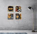 Black kitchen wall frames arranged in a 2x2 collage with custom food-themed designs on a gray wall. - Pack of 4 Kitchen Wall Frames, Dining Room Frame - 6x6" / Black - Frame World