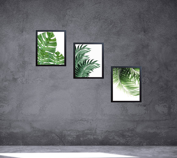 Three black frames collage with custom tropical leaf botanical prints on gray textured wall. - 3-Piece Tropical Leaf Wall Frame Set – Modern Botanical Decor - 8x10" / Black - Frame World