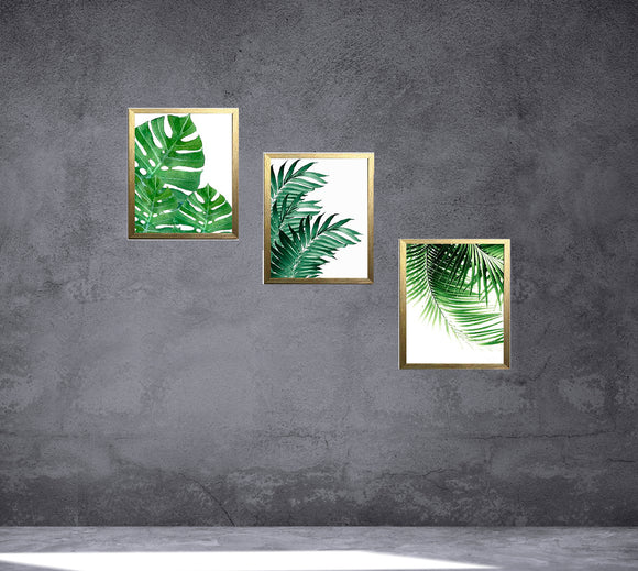 Three-piece custom collage of golden frames with tropical leaf botanical prints on a gray wall. - 3-Piece Tropical Leaf Wall Frame Set – Modern Botanical Decor - 8x10" / Black - Frame World