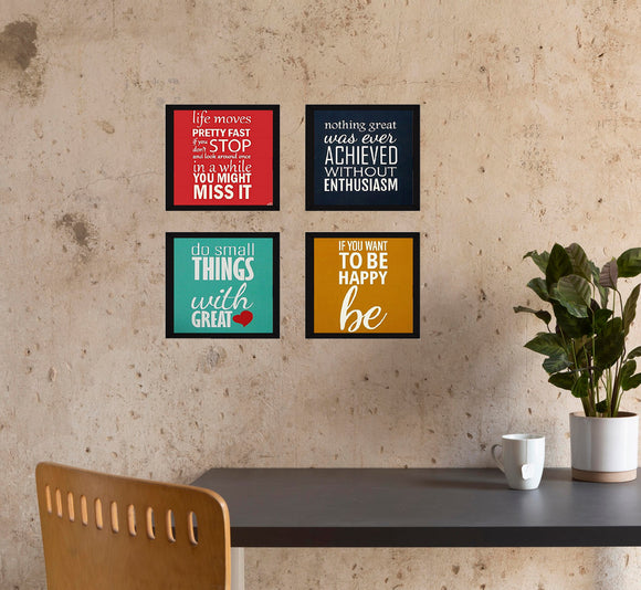 Set of four black inspirational quote frames arranged as a wall collage above a desk with custom motivational sayings in. - Pack of 4 Inspirational Quote Frames, Motivational Quotes - Black / 7x7" / 1 - 4 pc, 5x5 - Frame World