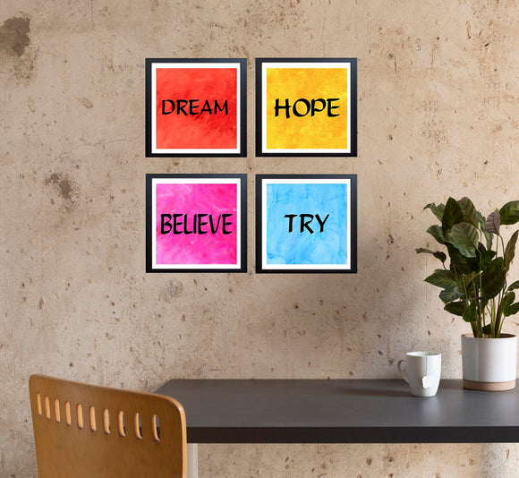 Set of four black frames with colorful backgrounds and motivational quotes forming a collage above a desk. - Pack of 4 Inspirational Quote Frames, Motivational Quotes - Black / 7x7" / 1 - 4 pc, 5x5 - Frame World
