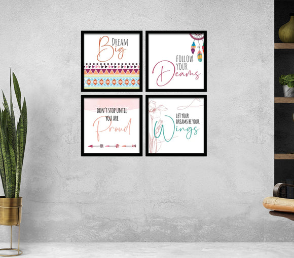 Set of four black frames with custom inspirational quote prints in a modern collage arrangement on a gray wall. - Pack of 4 Inspirational Quote Frames, Motivational Quotes - Black / 7x7" / 1 - 4 pc, 5x5 - Frame World