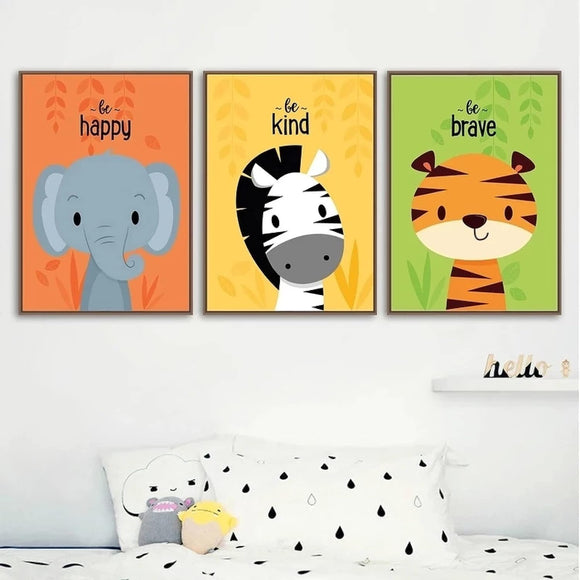 Set of 3 Elephant Zebra Frames Cartoon Animals Nursery Art Kids Wall Painting Pictures Kids Room Decoration