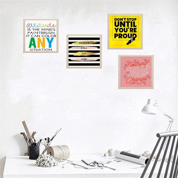 Set of four black frames featuring a colorful inspirational quote collage in a custom wall arrangement. - Pack of 4 Inspirational Quote Frames, Motivational Quotes - Black / 7x7" / 1 - 4 pc, 5x5 - Frame World