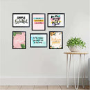 Set of six 8x12" black frames displaying colorful inspirational quote collage on white wall. - 6 Pcs Inspirational Quote Frames set - 8x12" / Black / 1 - 5x5, 6 pc - Frame World