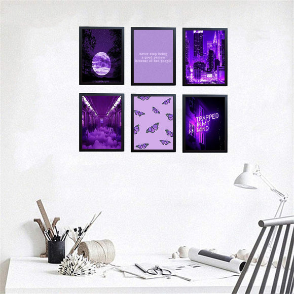 Set of six black 8x12" frames with purple-themed inspirational quote collage displayed on a white wall. - 6 Pcs Inspirational Quote Frames set - 8x12" / Black / 1 - 5x5, 6 pc - Frame World