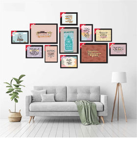 11-piece black custom glass frame set collage with assorted sizes above gray sofa. - 11 Pcs Islamic Glass Frame set, (3X 8x12", 8X 5x7") - Black - Frame World
