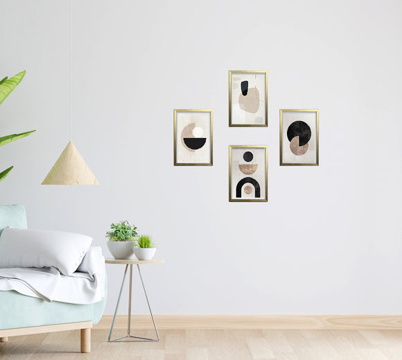 Set of 4 golden frames creating a modern collage with abstract custom art on white wall. - Set of 4 Aesthetic Art Frame set - 8x12" / Black - Frame World