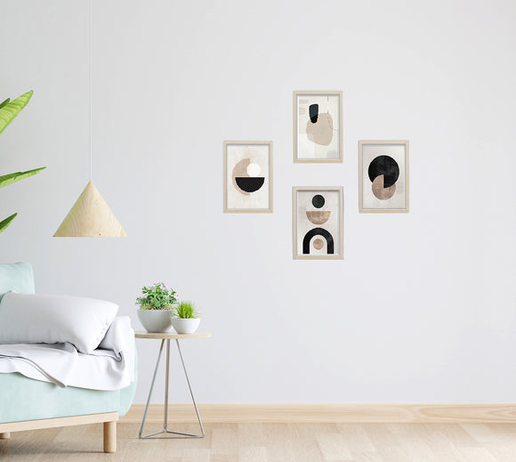 Set of 4 custom collage frames in white displaying minimalist abstract art on white wall. - Set of 4 Aesthetic Art Frame set - 8x12" / Black - Frame World