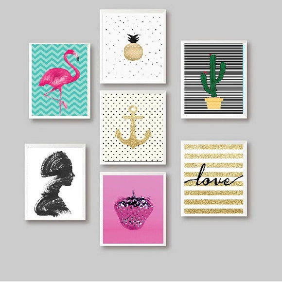 Seven-piece black frame collage featuring abstract art including flamingo, pineapple, cactus, anchor, silhouette,. - 7 Pcs Abstract Room Decor Frame set, Glass front Wall Picture Frames, Living Room Decor, Bedroom Frames - Black / 6x8" / 1 - Frame World